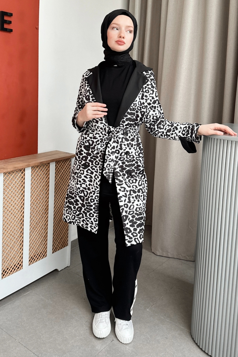 Pall Black Leopard Pattern Trench Coat