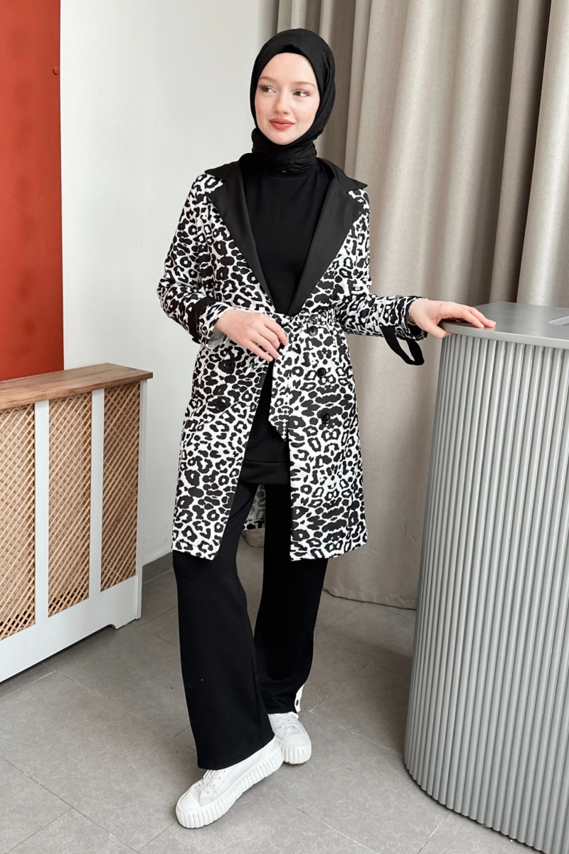 Pall Black Leopard Pattern Trench Coat